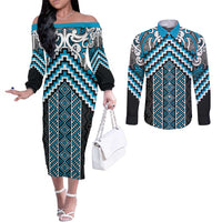 Maori Tukutuku Taniko Motifs Couples Matching Off The Shoulder Long Sleeve Dress and Long Sleeve Button Shirt Turquoise Poutama Mix Kowhaiwhai