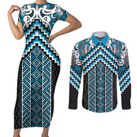 Maori Tukutuku Taniko Motifs Couples Matching Short Sleeve Bodycon Dress and Long Sleeve Button Shirt Turquoise Poutama Mix Kowhaiwhai