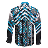 Maori Tukutuku Taniko Motifs Family Matching Off The Shoulder Long Sleeve Dress and Hawaiian Shirt Turquoise Poutama Mix Kowhaiwhai