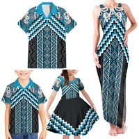 Maori Tukutuku Taniko Motifs Family Matching Tank Maxi Dress and Hawaiian Shirt Turquoise Poutama Mix Kowhaiwhai