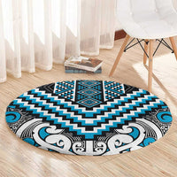 Maori Tukutuku Taniko Motifs Round Carpet Turquoise Poutama Mix Kowhaiwhai
