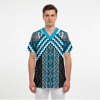 Maori Tukutuku Taniko Motifs Scrub Top Turquoise Poutama Mix Kowhaiwhai LT7 - Polynesian Pride