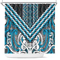 Maori Tukutuku Taniko Motifs Shower Curtain Turquoise Poutama Mix Kowhaiwhai