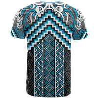 Maori Tukutuku Taniko Motifs T Shirt Turquoise Poutama Mix Kowhaiwhai