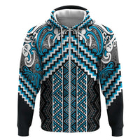 Maori Tukutuku Taniko Motifs Zip Hoodie Turquoise Poutama Mix Kowhaiwhai