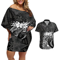Polynesian Women's Day Couples Matching Off Shoulder Short Dress and Hawaiian Shirt Plumeria Passion - Black LT7 Black - Polynesian Pride