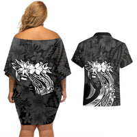 Polynesian Women's Day Couples Matching Off Shoulder Short Dress and Hawaiian Shirt Plumeria Passion - Black LT7 - Polynesian Pride