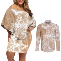 Polynesian Women's Day Couples Matching Off Shoulder Short Dress and Long Sleeve Button Shirt Plumeria Passion - Beige LT7 Beige - Polynesian Pride