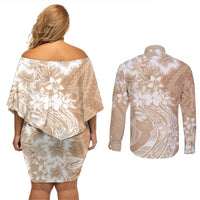 Polynesian Women's Day Couples Matching Off Shoulder Short Dress and Long Sleeve Button Shirt Plumeria Passion - Beige LT7 - Polynesian Pride