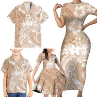 Polynesian Women's Day Family Matching Short Sleeve Bodycon Dress and Hawaiian Shirt Plumeria Passion - Beige LT7