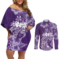 Polynesian Women's Day Couples Matching Off Shoulder Short Dress and Long Sleeve Button Shirt Plumeria Passion - Purple LT7 Purple - Polynesian Pride