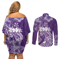 Polynesian Women's Day Couples Matching Off Shoulder Short Dress and Long Sleeve Button Shirt Plumeria Passion - Purple LT7 - Polynesian Pride