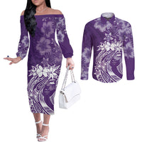 Polynesian Women's Day Couples Matching Off The Shoulder Long Sleeve Dress and Long Sleeve Button Shirt Plumeria Passion - Purple LT7 Purple - Polynesian Pride