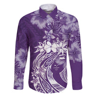 Polynesian Women's Day Family Matching Off Shoulder Long Sleeve Dress and Hawaiian Shirt Plumeria Passion - Purple LT7 Dad's Shirt - Long Sleeve Purple - Polynesian Pride