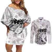 Polynesian Women's Day Couples Matching Off Shoulder Short Dress and Long Sleeve Button Shirt Plumeria Passion - White LT7 White - Polynesian Pride