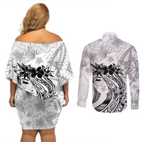 Polynesian Women's Day Couples Matching Off Shoulder Short Dress and Long Sleeve Button Shirt Plumeria Passion - White LT7 - Polynesian Pride