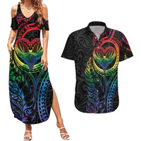 New Zealand Pride Couples Matching Summer Maxi Dress and Hawaiian Shirt Takatapui Rainbow Fern