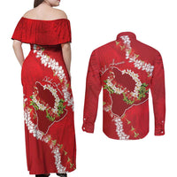 Hawaii Island Flowers Lei Couples Matching Off Shoulder Maxi Dress and Long Sleeve Button Shirt Ohia Lehua Scarlet Red