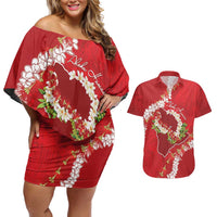 Hawaii Island Flowers Lei Couples Matching Off Shoulder Short Dress and Hawaiian Shirt Ohia Lehua Scarlet Red