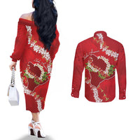 Hawaii Island Flowers Lei Couples Matching Off The Shoulder Long Sleeve Dress and Long Sleeve Button Shirt Ohia Lehua Scarlet Red