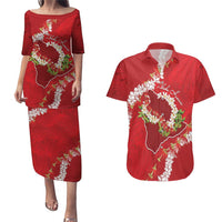 Hawaii Island Flowers Lei Couples Matching Puletasi and Hawaiian Shirt Ohia Lehua Scarlet Red