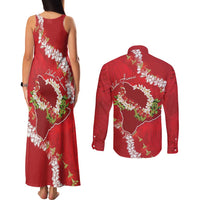 Hawaii Island Flowers Lei Couples Matching Tank Maxi Dress and Long Sleeve Button Shirt Ohia Lehua Scarlet Red