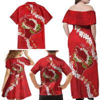 Hawaii Island Flowers Lei Family Matching Off Shoulder Maxi Dress and Hawaiian Shirt Ohia Lehua Scarlet Red