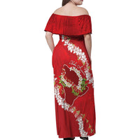 Hawaii Island Flowers Lei Family Matching Off Shoulder Maxi Dress and Hawaiian Shirt Ohia Lehua Scarlet Red