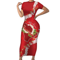 Hawaii Island Flowers Lei Family Matching Short Sleeve Bodycon Dress and Hawaiian Shirt Ohia Lehua Scarlet Red