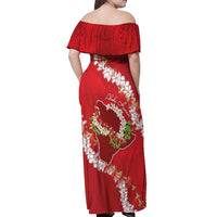 Hawaii Island Flowers Lei Off Shoulder Maxi Dress Ohia Lehua Scarlet Red LT7 - Polynesian Pride