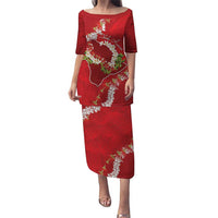 Hawaii Island Flowers Lei Puletasi Ohia Lehua Scarlet Red LT7 Long Dress Red - Polynesian Pride
