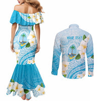 Guam Chamorro Guasali Flowers Couples Matching Mermaid Dress and Long Sleeve Button Shirt Aqua Gradient LT7 - Polynesian Pride