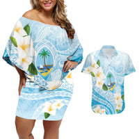 Guam Chamorro Guasali Flowers Couples Matching Off Shoulder Short Dress and Hawaiian Shirt Aqua Gradient LT7 Aquamarine - Polynesian Pride