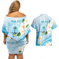 Guam Chamorro Guasali Flowers Couples Matching Off Shoulder Short Dress and Hawaiian Shirt Aqua Gradient LT7 - Polynesian Pride