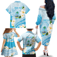 Guam Chamorro Guasali Flowers Family Matching Off The Shoulder Long Sleeve Dress and Hawaiian Shirt Aqua Gradient