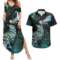 Aotearoa Maori Mahuru Couples Matching Summer Maxi Dress and Hawaiian Shirt Spring Time - Paua Shell Green LT7 Black - Polynesian Pride
