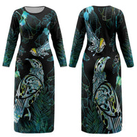 Aotearoa Maori Mahuru Family Matching Long Sleeve Bodycon Dress and Hawaiian Shirt Spring Time - Paua Shell Green LT7 Mom's Dress Black - Polynesian Pride