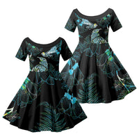 Aotearoa Maori Mahuru Family Matching Long Sleeve Bodycon Dress and Hawaiian Shirt Spring Time - Paua Shell Green LT7 Daughter's Dress Black - Polynesian Pride