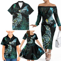 Aotearoa Maori Mahuru Family Matching Off The Shoulder Long Sleeve Dress and Hawaiian Shirt Spring Time - Paua Shell Green LT7 - Polynesian Pride