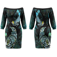 Aotearoa Maori Mahuru Family Matching Off The Shoulder Long Sleeve Dress and Hawaiian Shirt Spring Time - Paua Shell Green LT7 Mom's Dress Black - Polynesian Pride