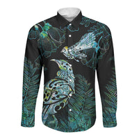 Aotearoa Maori Mahuru Long Sleeve Button Shirt Spring Time - Paua Shell Green LT7 Unisex Black - Polynesian Pride