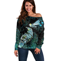 Aotearoa Maori Mahuru Off Shoulder Sweater Spring Time - Paua Shell Green LT7 Women Black - Polynesian Pride
