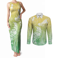 Aotearoa Maori Mahuru Tui With Pikawakawa Couples Matching Tank Maxi Dress and Long Sleeve Button Shirt Spring Time LT7 Green - Polynesian Pride