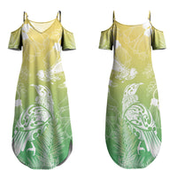 Aotearoa Maori Mahuru Tui With Pikawakawa Family Matching Summer Maxi Dress and Hawaiian Shirt Spring Time LT7 Mom's Dress Green - Polynesian Pride