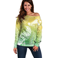 Aotearoa Maori Mahuru Tui With Pikawakawa Off Shoulder Sweater Spring Time LT7 Women Green - Polynesian Pride