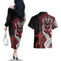 Aotearoa Toitu Te Tiriti Couples Matching Off The Shoulder Long Sleeve Dress and Hawaiian Shirt Whakairo Wheku