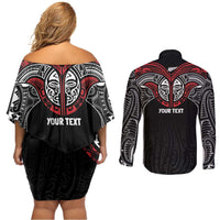 Aotearoa Maori Personalized Couples Matching Off Shoulder Short Dress and Long Sleeve Button Shirt Toitu Te Tiriti Ake! Ake! Ake! LT7 - Polynesian Pride