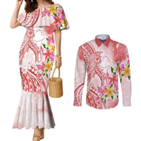 Polynesian Women's Day Wahine Couples Matching Mermaid Dress and Long Sleeve Button Shirt Plumeria Marble Glaze - Pink LT7 Pink - Polynesian Pride