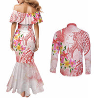 Polynesian Women's Day Wahine Couples Matching Mermaid Dress and Long Sleeve Button Shirt Plumeria Marble Glaze - Pink LT7 - Polynesian Pride