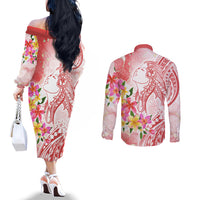 Polynesian Women's Day Wahine Couples Matching Off The Shoulder Long Sleeve Dress and Long Sleeve Button Shirt Plumeria Marble Glaze - Pink LT7 - Polynesian Pride